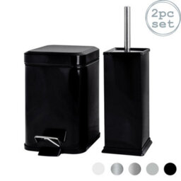 Harbour Housewares 3L Bathroom Bin & Brush Set - Black - Square Stainless Steel Slim Trashcan Pedal Bin & Toilet Brush Set