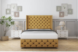 "Sloomy Luthor Mustard Plush Divan Bed Base 2 Drawers Foot-End-54"" Wingback Headboard & 12"" Footboard 4'6 Double" - thumbnail 2
