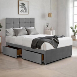 Grey Plush 6Ft Super King Size Bed With Matttress  2 Storage Drawers And 20 Inch Cubic Headboard - thumbnail 1