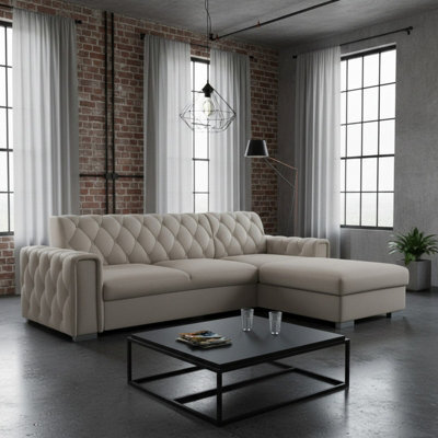 Roma Corner Sofa Bed With Storage Polyurethane Foam Wave Springs Metal Legs Wooden Frame 267X85X185Cm Beige Right - image 1