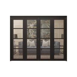 4 Panel Clear Glazed Shaker Black Pine Internal Folding Door Set, (H)2060mm (W)2831mm - Fully Finished - thumbnail 1