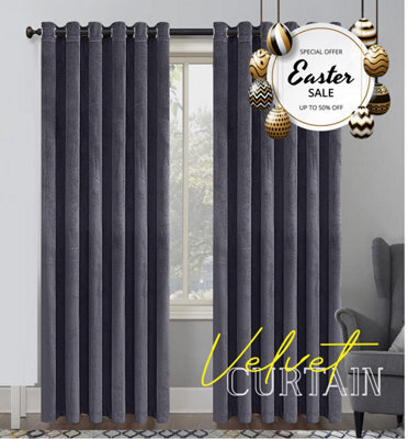Ameha Charcoal Velvet Curtains Eyelet Blackout Thick Thermal Insulated Ready Made Ring Top Curtain Pair 66''x72'' For Living Room - image 1