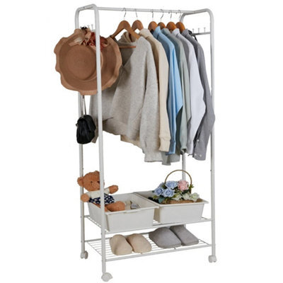 Heavy Duty Metal Clothes Rail White Coat Stand Shoe Rack Storage Shelf On Wheels - image 1