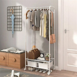 Heavy Duty Metal Clothes Rail White Coat Stand Shoe Rack Storage Shelf On Wheels - thumbnail 4