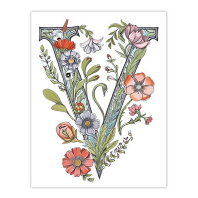 Artery8 Unframed Wall Art Letter V Classic Watercolour Wildflowers Elegant Floral Word Art For Her - 12X16 Inch