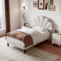 Btm 3Ft Single Upholstered Velvet Bed With Adjustable Petal Headboard Solid Wood Slats Beige Easy Assembly - thumbnail 4