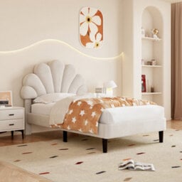 Btm 3Ft Single Upholstered Velvet Bed With Adjustable Petal Headboard Solid Wood Slats Beige Easy Assembly - thumbnail 2