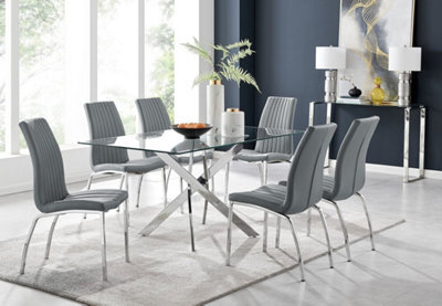 Furniturebox Uk Leonardo Glass And Chrome Metal Dining Table And 6 Elephant Grey Isco Faux Leather Chairs - image 1