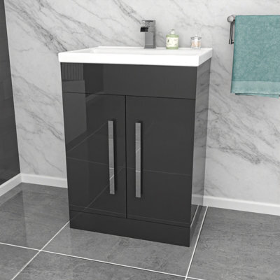 Nes Home Dark Grey 600mm Gloss Bathroom Basin Sink Cabinet & Ceramic Basin - image 1