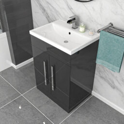 Nes Home Dark Grey 600mm Gloss Bathroom Basin Sink Cabinet & Ceramic Basin - thumbnail 4