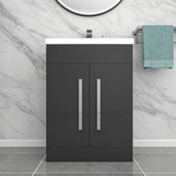 Nes Home Dark Grey 600mm Gloss Bathroom Basin Sink Cabinet & Ceramic Basin - thumbnail 2