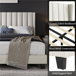 Yaheetech Bed Frame With Channel Tufted Headboard - Beige / King - thumbnail 4