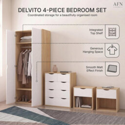 Afn Home Delvito 4 Piece Bedroom Set,  2 Door Wardrobe, 5 Drawer Chest & 2 Bedside Cabinets, White/oak - thumbnail 8