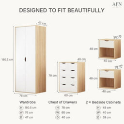 Afn Home Delvito 4 Piece Bedroom Set,  2 Door Wardrobe, 5 Drawer Chest & 2 Bedside Cabinets, White/oak - thumbnail 7