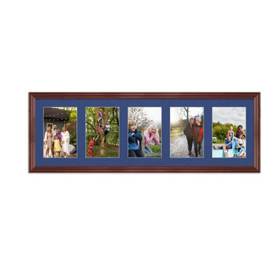 AK Frames 26X8 Rose Wood Classic Multi Photo Frame With Blue Mount - Holds 5 Apertures (5X) 6X4 Photos - image 1