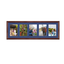 AK Frames 26X8 Rose Wood Classic Multi Photo Frame With Blue Mount - Holds 5 Apertures (5X) 6X4 Photos - thumbnail 1