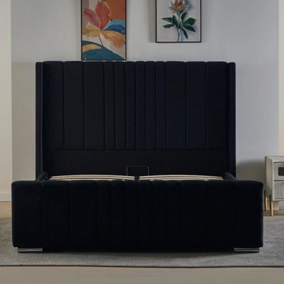 Interior Emporium Plush Velvet Ottoman Bed Frame Wingback Gas Lift Storage Double Size Bed Black - image 1