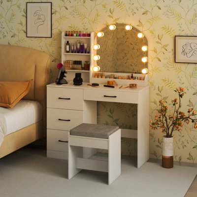 Costway Makeup Vanity Desk With Mirror And Lights Dressing Table & Stool Set, 100 X 40 X 140 Cm-White - image 1