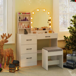 Costway Makeup Vanity Desk With Mirror And Lights Dressing Table & Stool Set, 100 X 40 X 140 Cm-White - thumbnail 4
