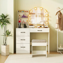 Costway Makeup Vanity Desk With Mirror And Lights Dressing Table & Stool Set, 100 X 40 X 140 Cm-White - thumbnail 5