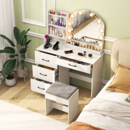 Costway Makeup Vanity Desk With Mirror And Lights Dressing Table & Stool Set, 100 X 40 X 140 Cm-White - thumbnail 6