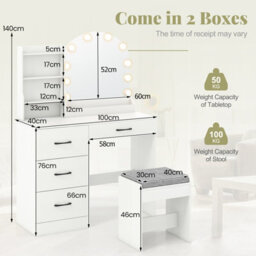 Costway Makeup Vanity Desk With Mirror And Lights Dressing Table & Stool Set, 100 X 40 X 140 Cm-White - thumbnail 3