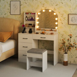 Costway Makeup Vanity Desk With Mirror And Lights Dressing Table & Stool Set, 100 X 40 X 140 Cm-White