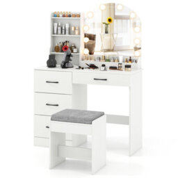 Costway Makeup Vanity Desk With Mirror And Lights Dressing Table & Stool Set, 100 X 40 X 140 Cm-White - thumbnail 2