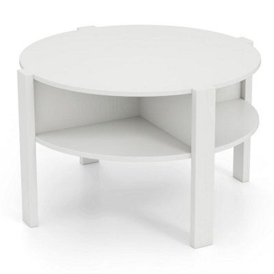 Round Coffee Table 74Cm Tea Cocktail Table W/ Storage-White 2-Tier - image 1