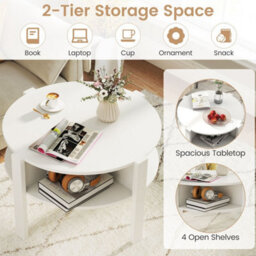 Round Coffee Table 74Cm Tea Cocktail Table W/ Storage-White 2-Tier - thumbnail 4