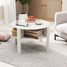 Round Coffee Table 74Cm Tea Cocktail Table W/ Storage-White 2-Tier - thumbnail 3