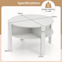 Round Coffee Table 74Cm Tea Cocktail Table W/ Storage-White 2-Tier - thumbnail 2