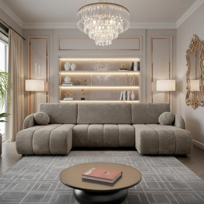 Zara U Shaped Sofa Bed With Storage Universal Corner Freestanding Upholstered Back 318X160X88Cm Beige - image 1