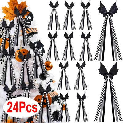 Amorly 24Pcs Halloween Bat Bows,31.5Cm Black Bows With Buffalo Plaid Tails,decor For Tree, Wreath,candlestick,indoor & Outdoor Home Decor - image 1