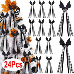 Amorly 24Pcs Halloween Bat Bows,31.5Cm Black Bows With Buffalo Plaid Tails,decor For Tree, Wreath,candlestick,indoor & Outdoor Home Decor - thumbnail 2