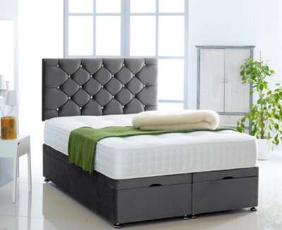 Comfy Deluxe Black Plush Foot Lift Ottoman Bed With Memory Spring Mattress And Studded Headboard 4Ft6 Double - image 1