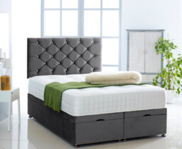 Comfy Deluxe Black Plush Foot Lift Ottoman Bed With Memory Spring Mattress And Studded Headboard 4Ft6 Double - thumbnail 1
