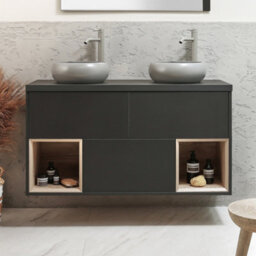Homestylestore Black Grey 1200mm Led Lit Wall Hung Bathroom Vanity Unit Round Pebble Countertop Basins Open Shelves - thumbnail 2
