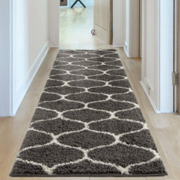 The Rugs Moroccan Shaggy Rugs And Runners Soft Fluffy Trellis Design High Pile Dark Grey And Ivory Living Room Kitchen Hallway 640 - thumbnail 4