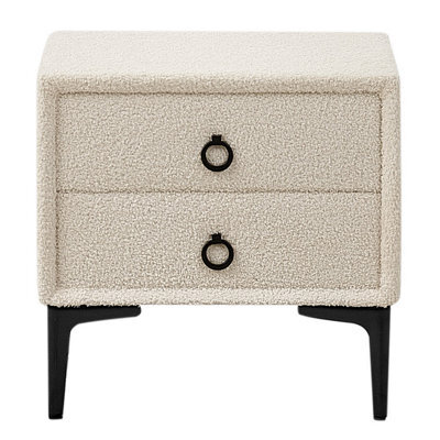 Wyld And Coco Boucle Home Bedside Table Off-White With Black Metal Legs, 2 Drawers - W440 X D380 X H450mm - image 1
