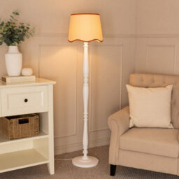Valuelights Victoria White Wood Floor Lamp With Linen Scallop Rust Trim Tapered Shade & Bulb