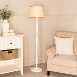 Valuelights Victoria White Wood Floor Lamp With Linen Scallop Rust Trim Tapered Shade & Bulb - thumbnail 4