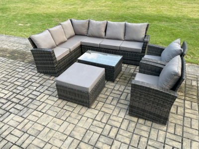 Fimous 9 Seater High Back Outdoor Garden Furniture Set Rattan Corner Sofa Set With Rectangular Coffee Table Big Footstool - image 1