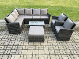 Fimous 9 Seater High Back Outdoor Garden Furniture Set Rattan Corner Sofa Set With Rectangular Coffee Table Big Footstool - thumbnail 2