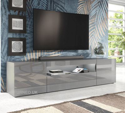 Furneo 200Cm Long Tv Stand Unit Cabinet Matt & High Gloss Grey Clifton 08G White Led Lights - image 1