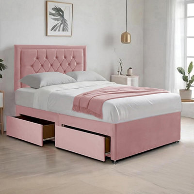 Pink Plush 6Ft Super King Size Bed With Matttress  2 Storage Drawers And 20 Inch Borderd Headboard - image 1