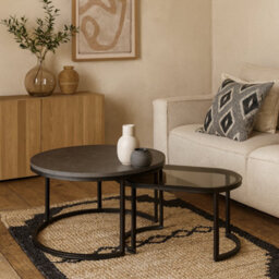 Wyld Haus Reykjavik Black Marble Effect And Grey Glass Nesting Coffee Table Set With Black Hairpin Legs
