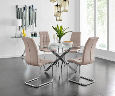 Furniturebox Uk Novara Chrome Metal And Glass Large Round Dining Table And 4 Cappuccino Beige Murano Chairs Set - image 1