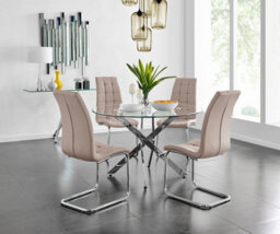 Furniturebox Uk Novara Chrome Metal And Glass Large Round Dining Table And 4 Cappuccino Beige Murano Chairs Set