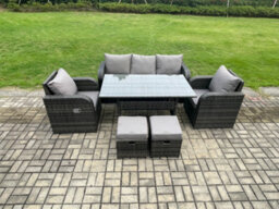 Fimous Rattan Garden Furniture 6 Piece Grey Patio Furniture Set Patio 7 Seater Set Outdoor Rectangular Table And Chairs - thumbnail 1
